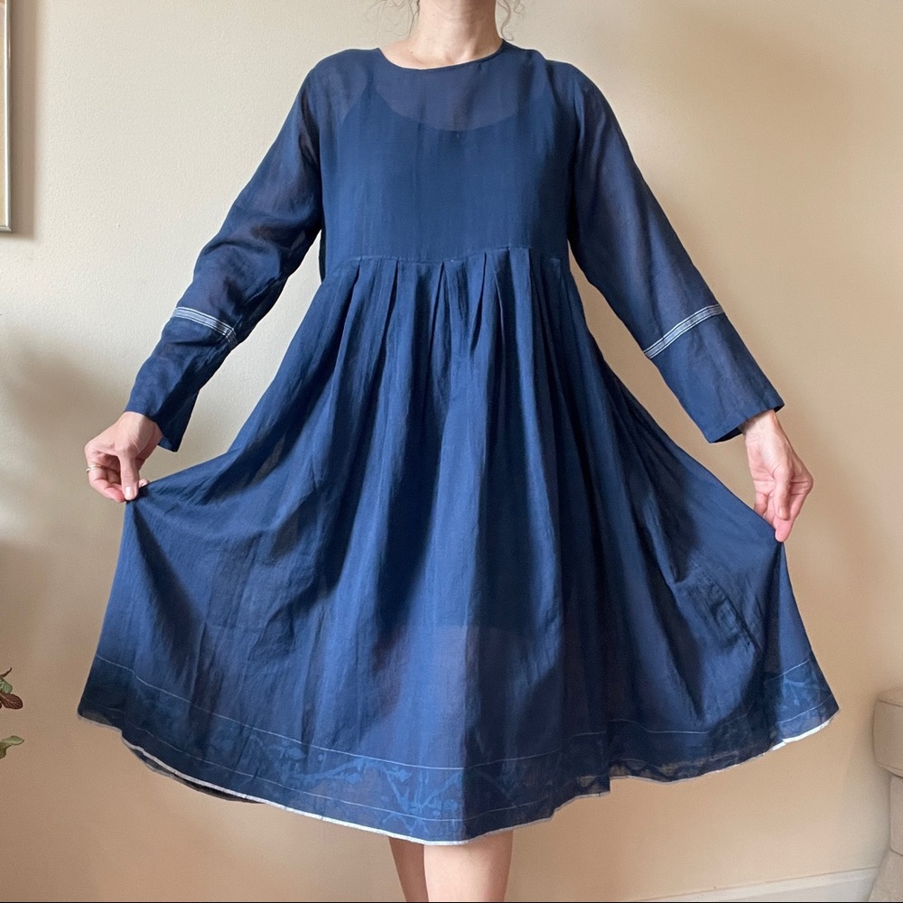 Inijiri blue cotton midi dress size 42 hand loomed indigo size fits S M L - Picture 3 of 15